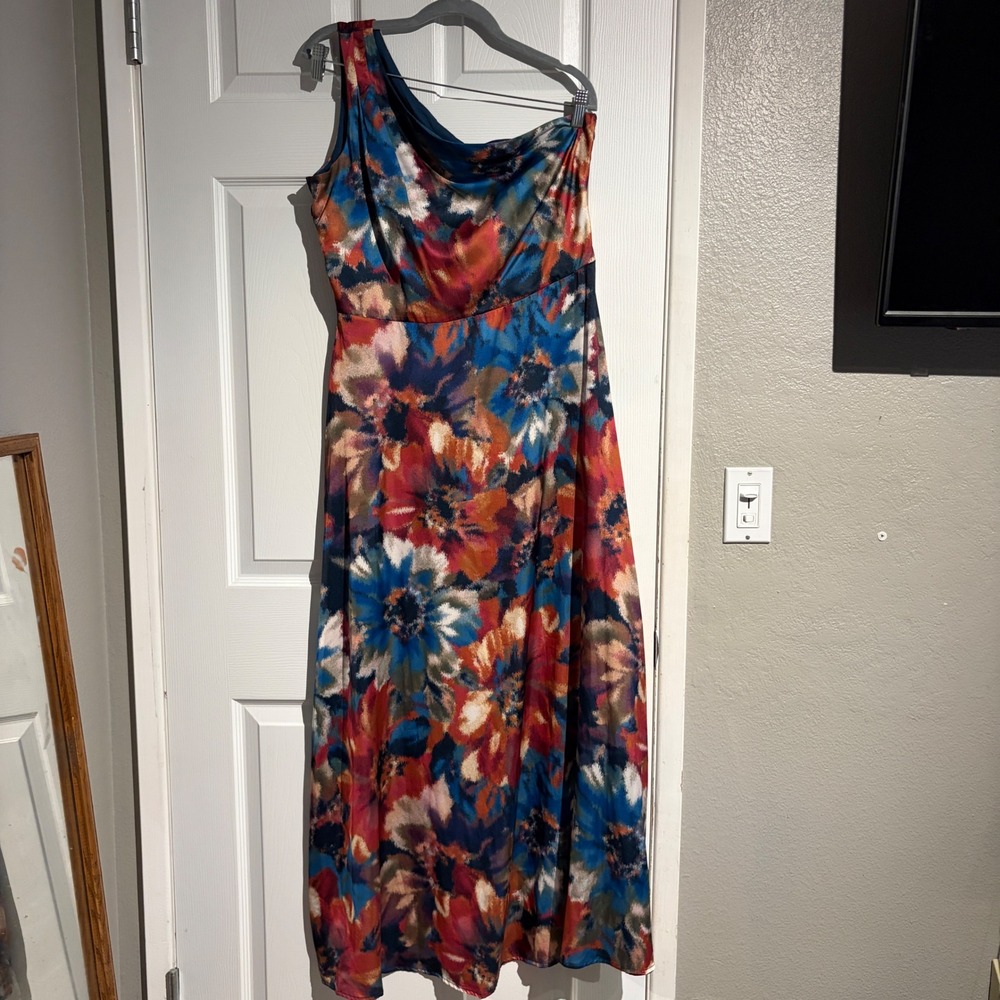 Nicole Miller New York One Shoulder Floral Maxi Dress Blue Orange Satin Slit 8